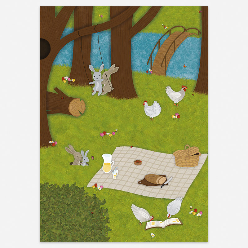 Art print picknick met konijnen en kippen
