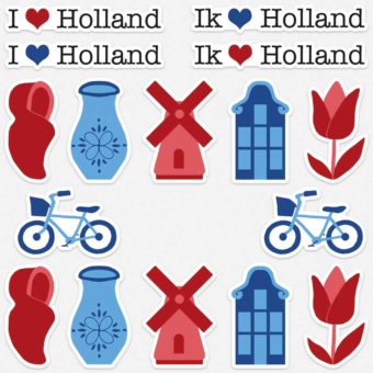 16 uitgesneden plaatjes van Hollandse symbolen en tekst 'I of Ik hartje Holland' in rood, wit en blauw
