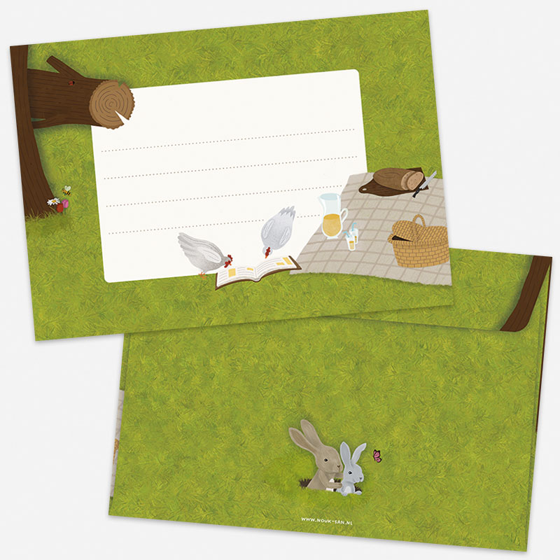 Set van 5 enveloppen met picknick, konijnen en kippen