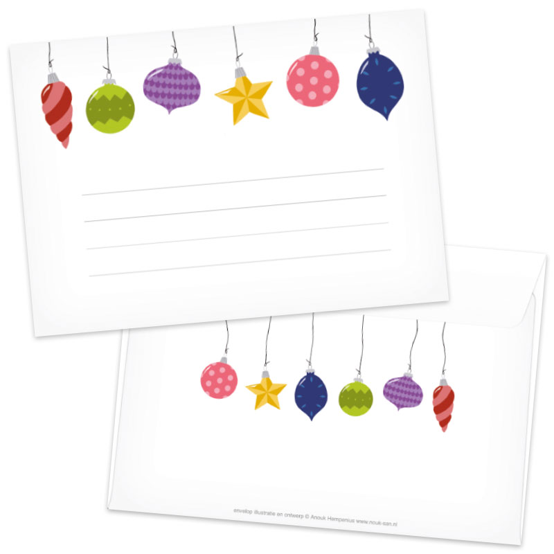 Set van 5 witte enveloppen met kleurrijke kerstballen erop