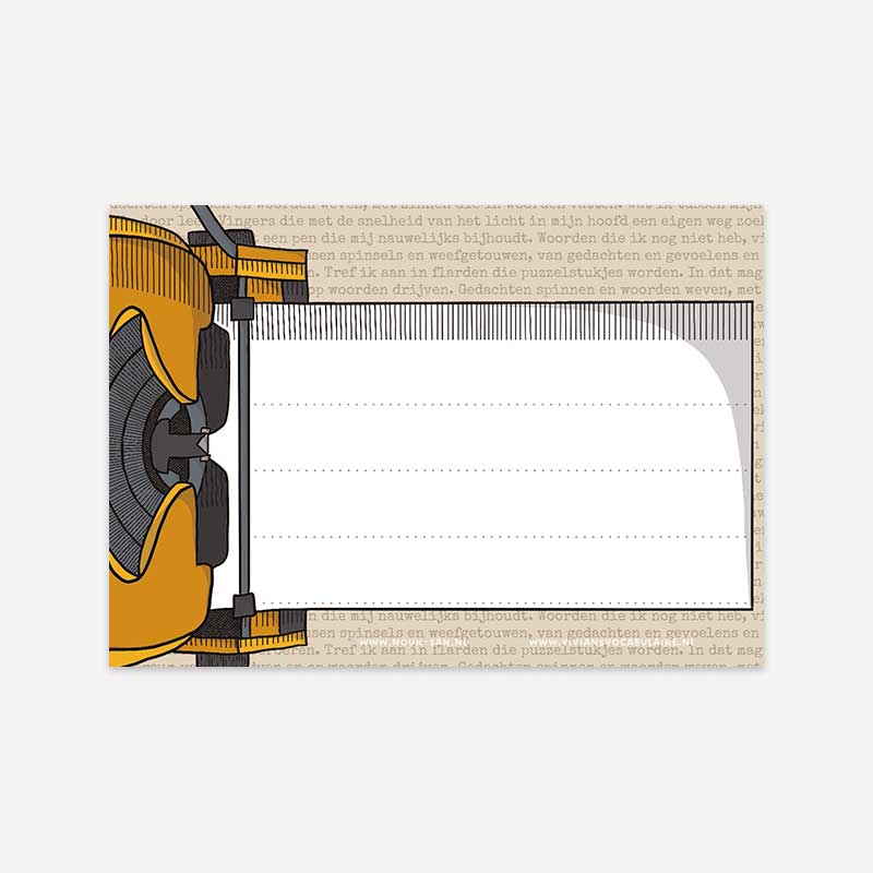 Beige adressticker met okergele typemachine en wit papier