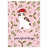 Dubbele roze kerstkaart kat met kerstmuts, kerstnatuur en tekst 'wishing you purrfect days'