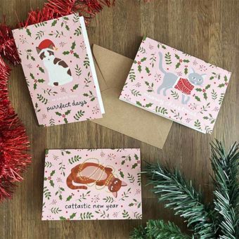 Set van 3 dubbele roze kerstkaarten katten met kerstnatuur en teksten