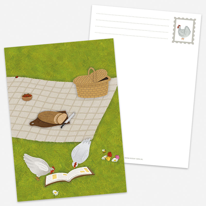 Postkaart kippen bij picknickkleed