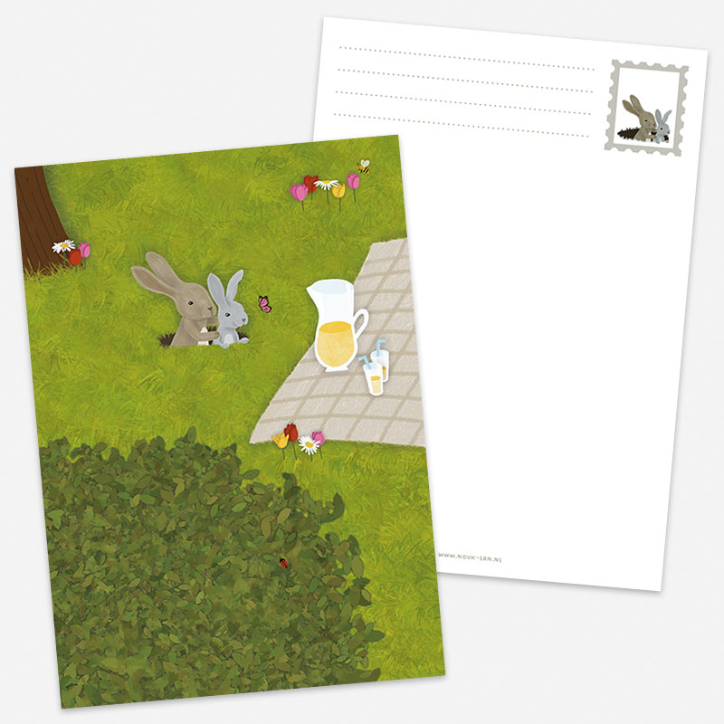 Postkaart konijnen bij picknickkleed met limonade en struik