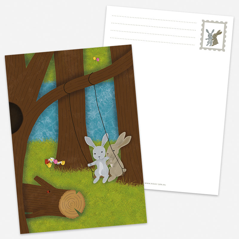 Postkaart van twee schommelende konijnen bij bomen