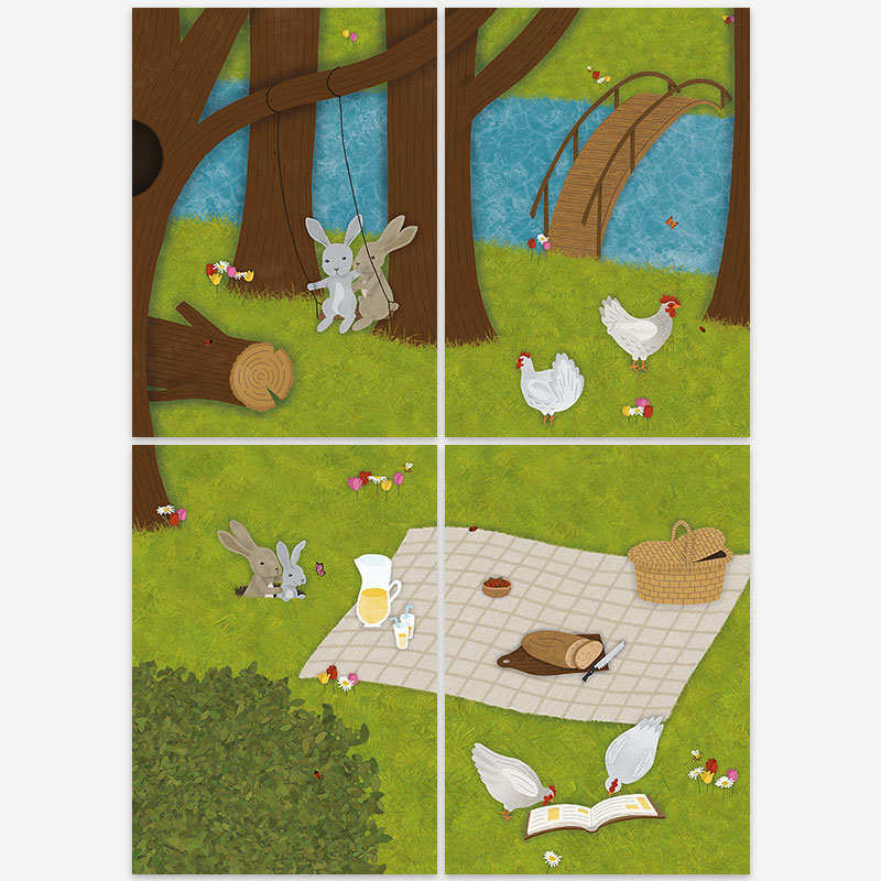 Postkaartenset picknick in het park met kippen en konijnen mock-up