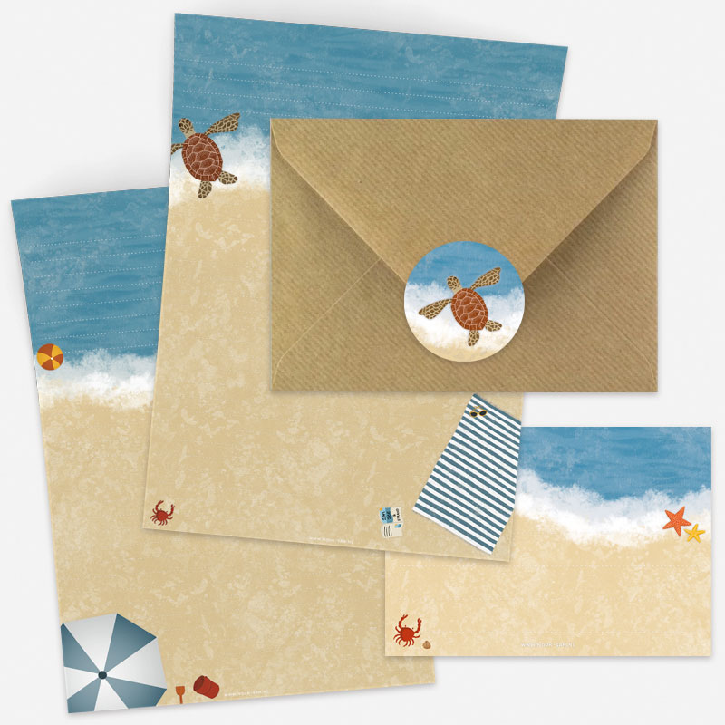 Set van briefpapier, enveloppen, etiketten en sluitzegels met strand ontwerp