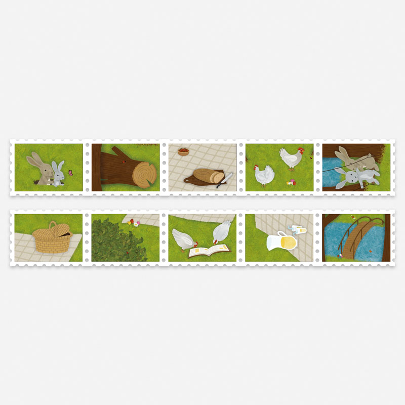 Washi tape postzegels met picknick, konijnen en kippen