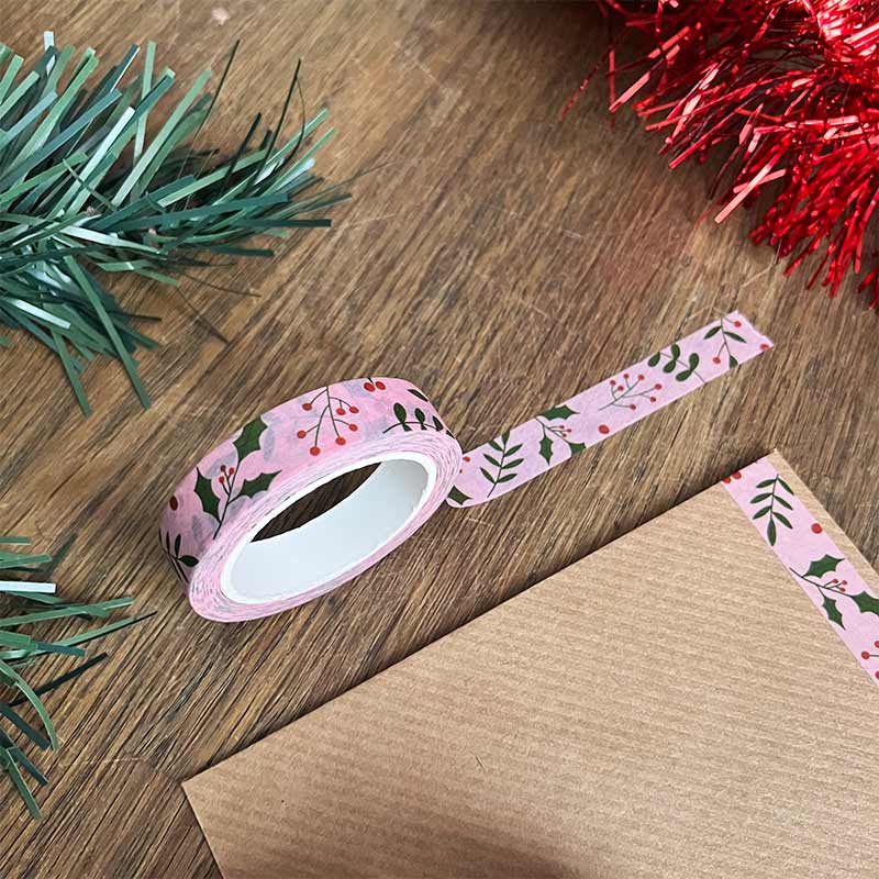 Roze washi tape van 10 mm met kerstnatuur